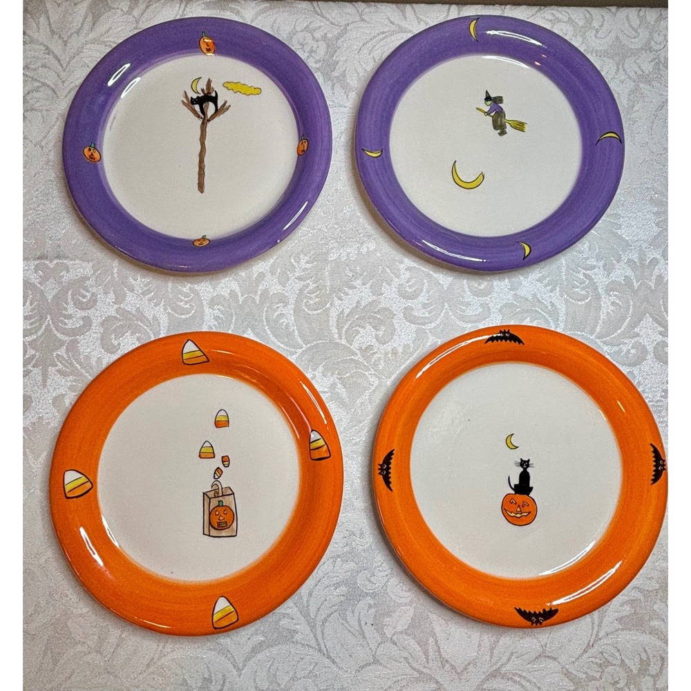 Wendover Lane Beth Mueller Halloween Ceramic Plates Set 4 Whimsical 6" Folk Art